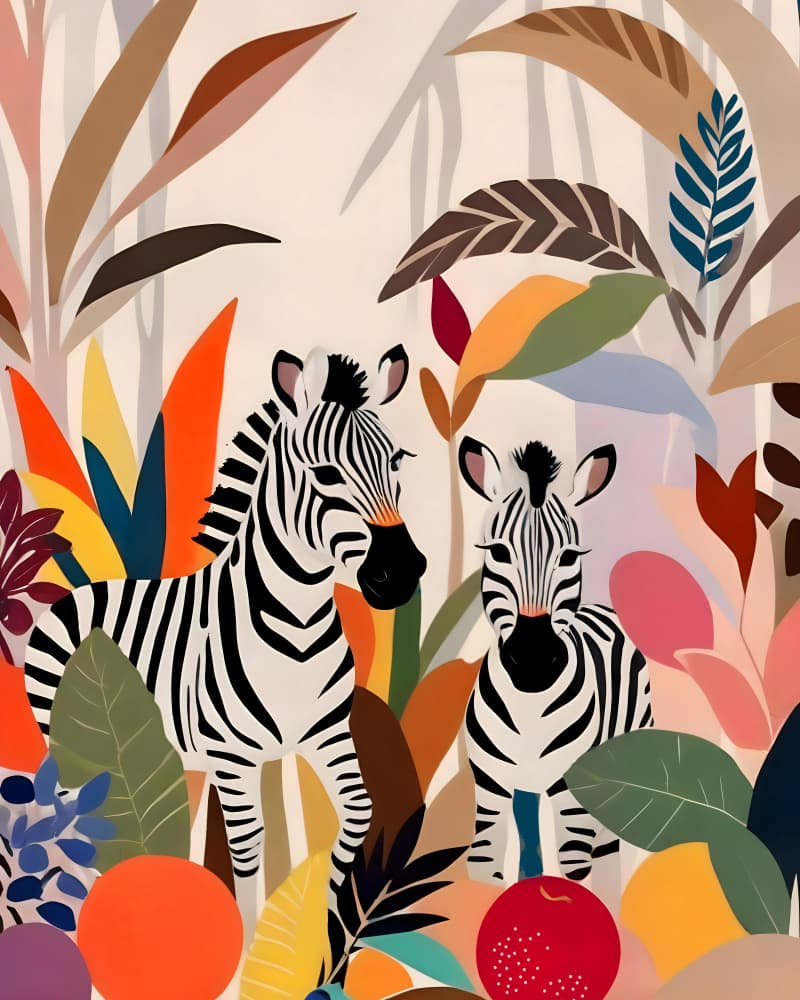Vibrant Jungle Zebras by Uma Gokhale — canvas wall art