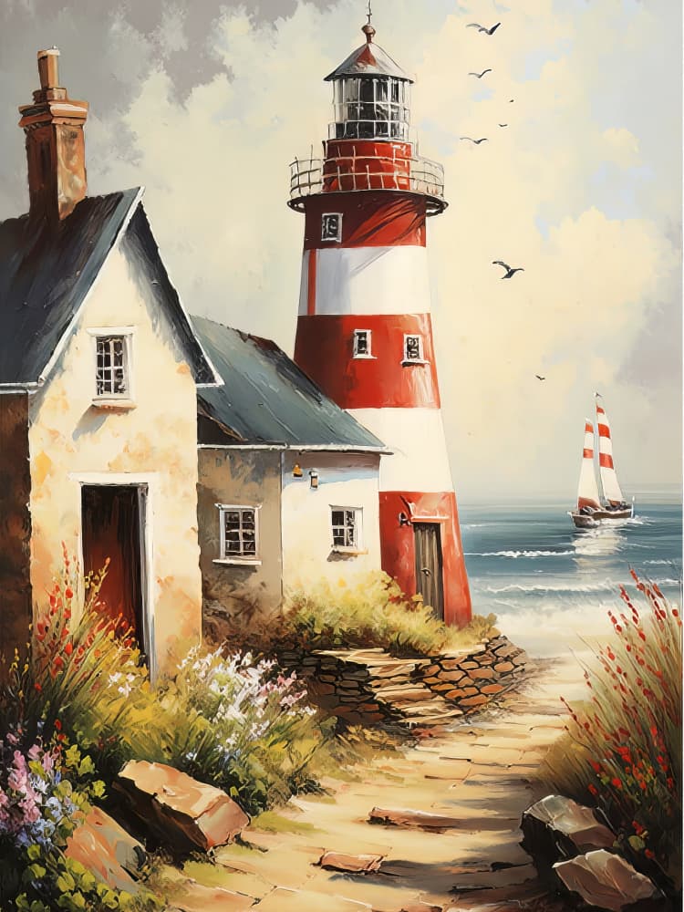 Seaside Lighthouse Cottage by Bilge Paksoylu — canvas wall art