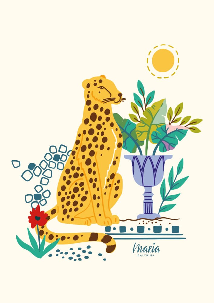Sitting Cheetah and Tropical Plants by Maria Galybina — canvas wall art