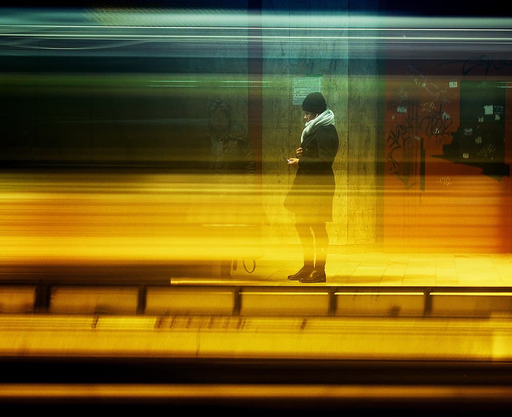 Golden Subway Motion by Mirela Momanu — canvas wall art