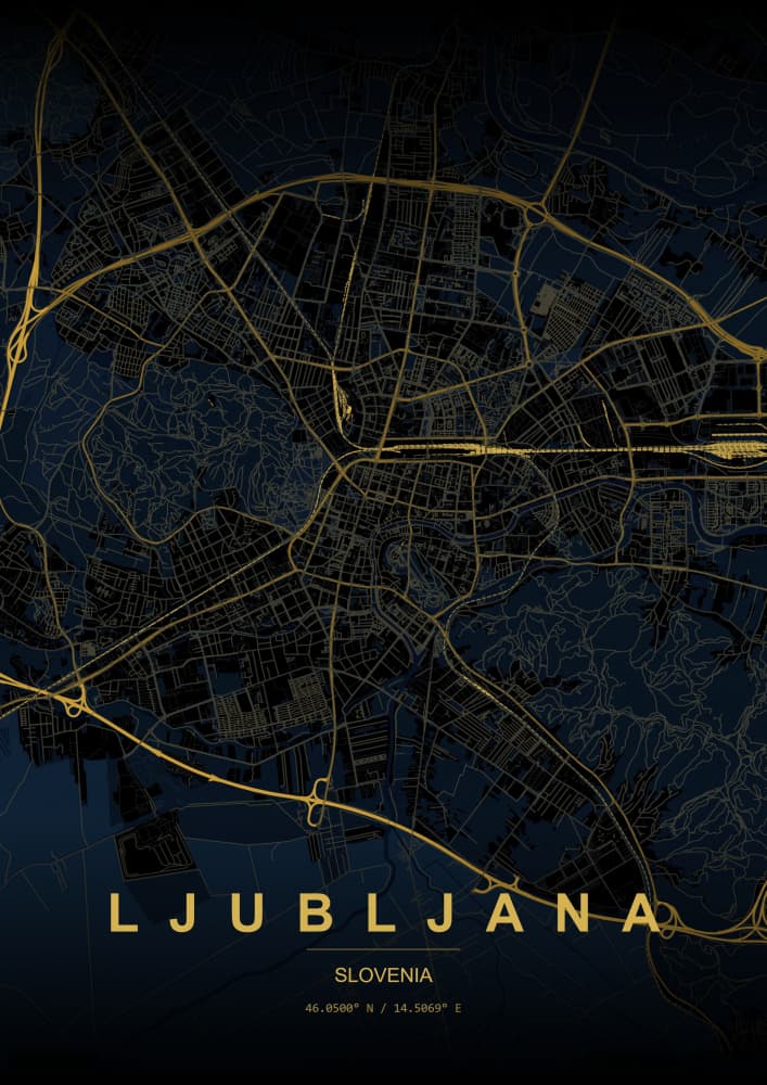 Ljubljana Gold City Map by HUGO — canvas wall art
