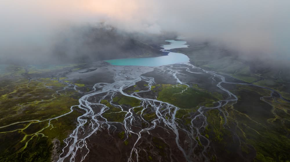 Braided Rivers Misty Lake by James Bian — canvas wall art