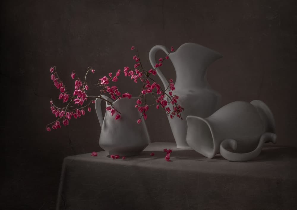 Pink Blooms And White Pitchers by Margareth Perfoncio — canvas wall art