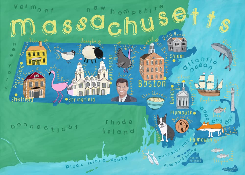 Whimsical Massachusetts Landmarks by Carla Daly — canvas wall art