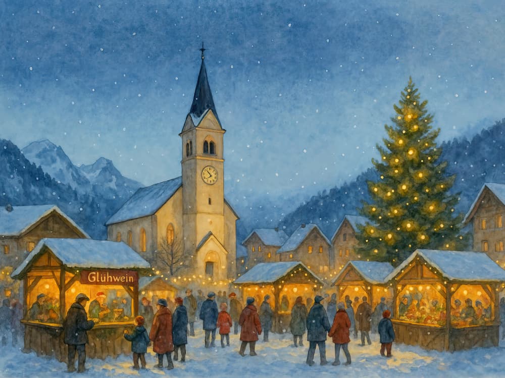 Snowy Village Christmas Market by Natalie Bruns — canvas wall art