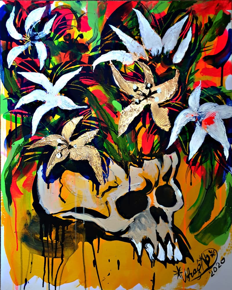 Vibrant Skull Blooms by Kanat Ibragimov — canvas wall art