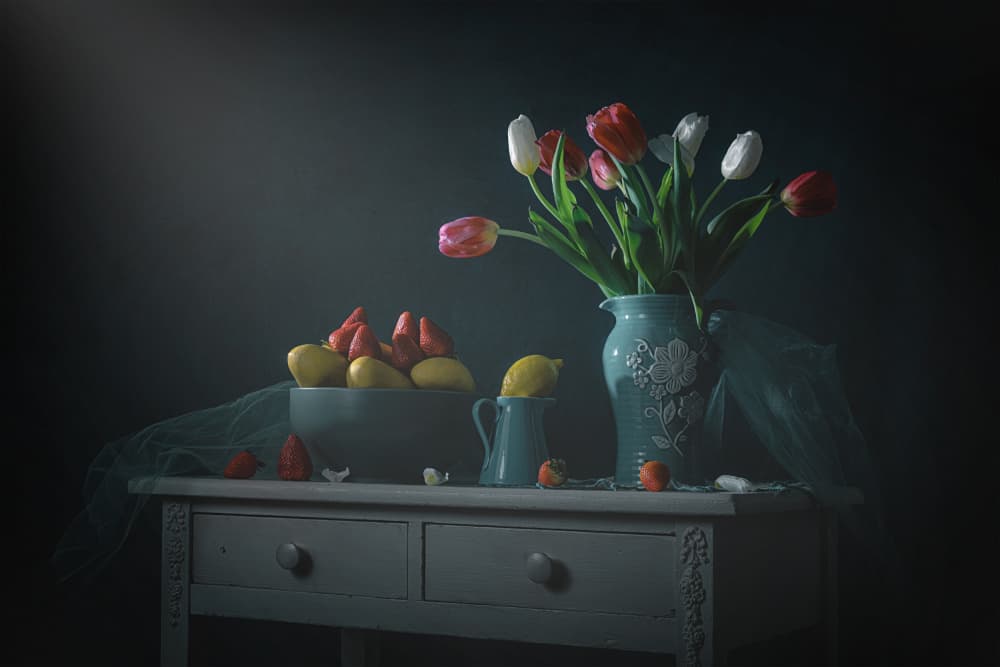 Moody Tulips and Lemons by Lydia Jacobs — canvas wall art