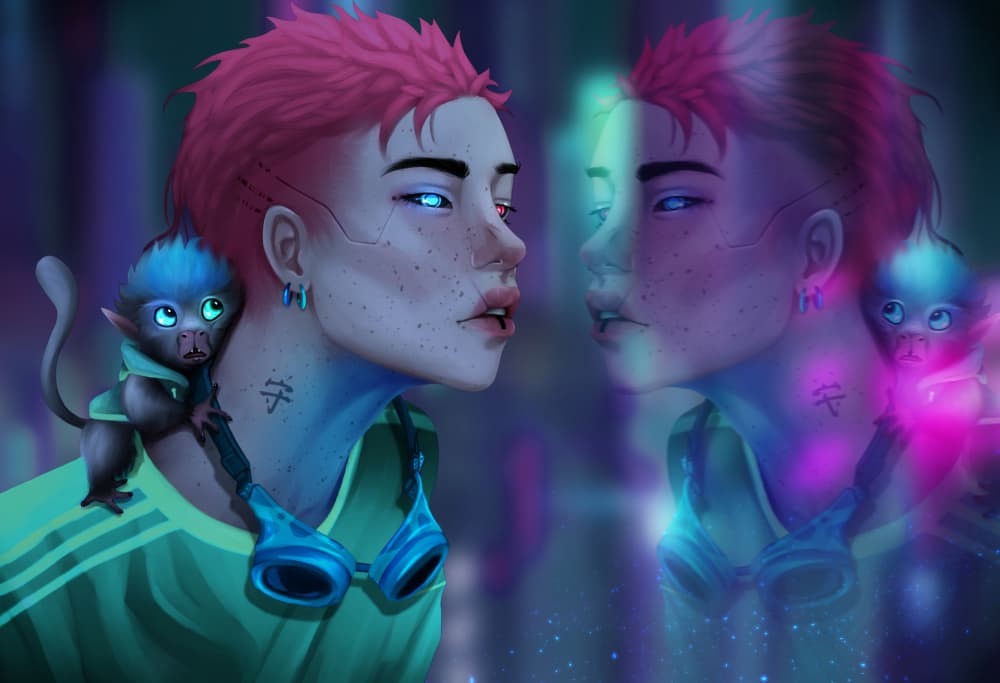 Pink Haired Cyberpunk Reflection by Jolene Griesel — canvas wall art