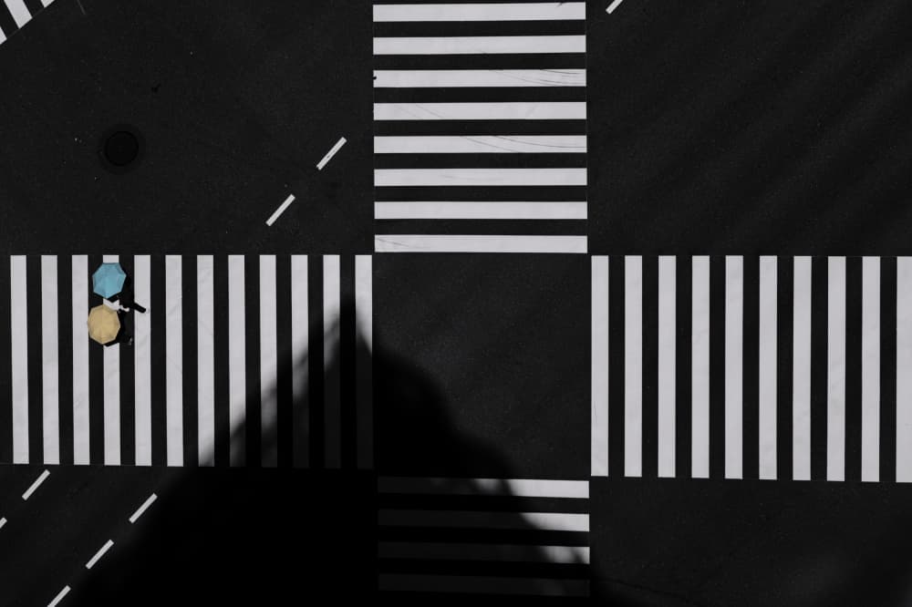 Crosswalk Umbrellas Shadows by moucorn — canvas wall art