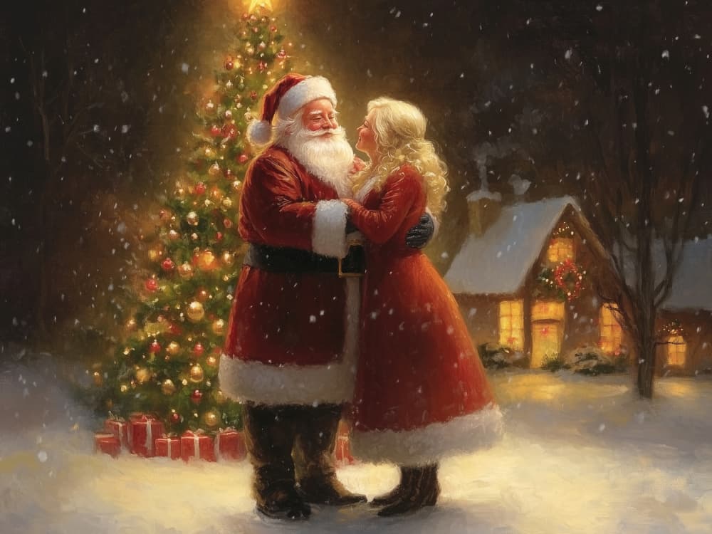 Santa and Mrs Claus Embrace by Jolly and Dash — canvas wall art