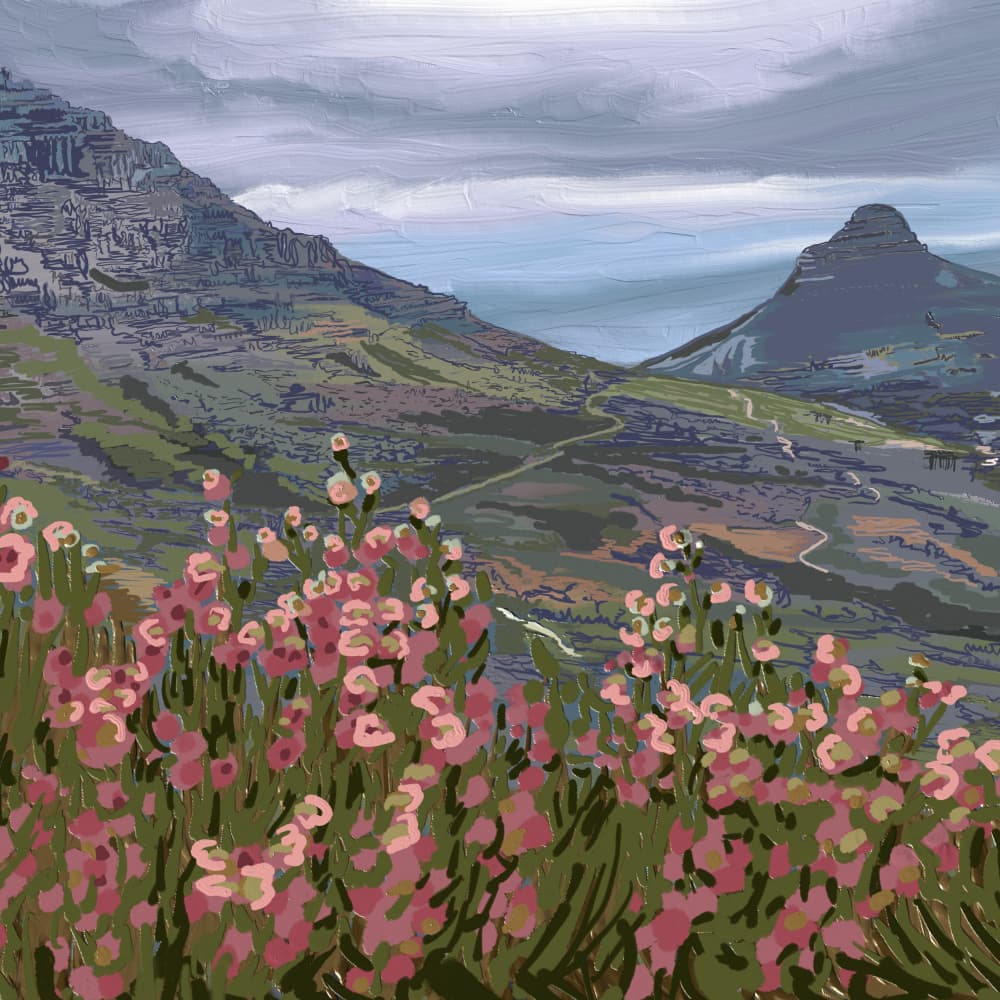 Pink Flowers Mountain View by Jenna Alheit — canvas wall art