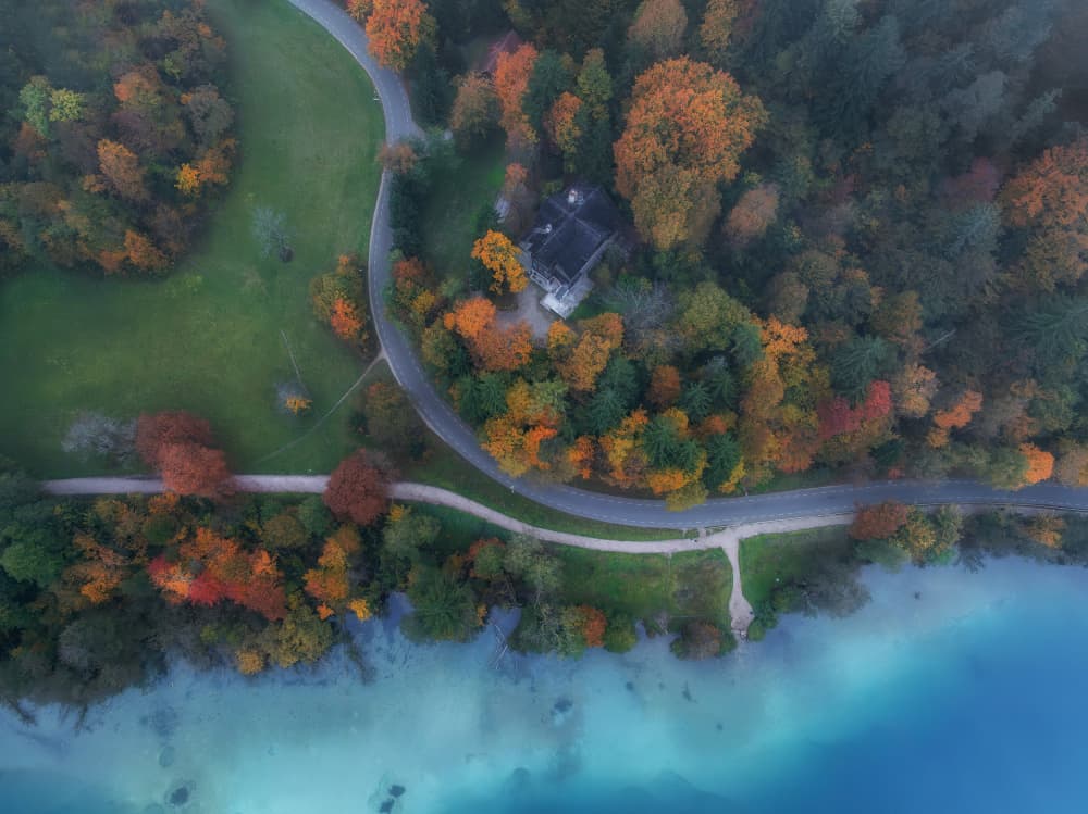 Aerial Autumn Lake House by Ales Krivec — canvas wall art