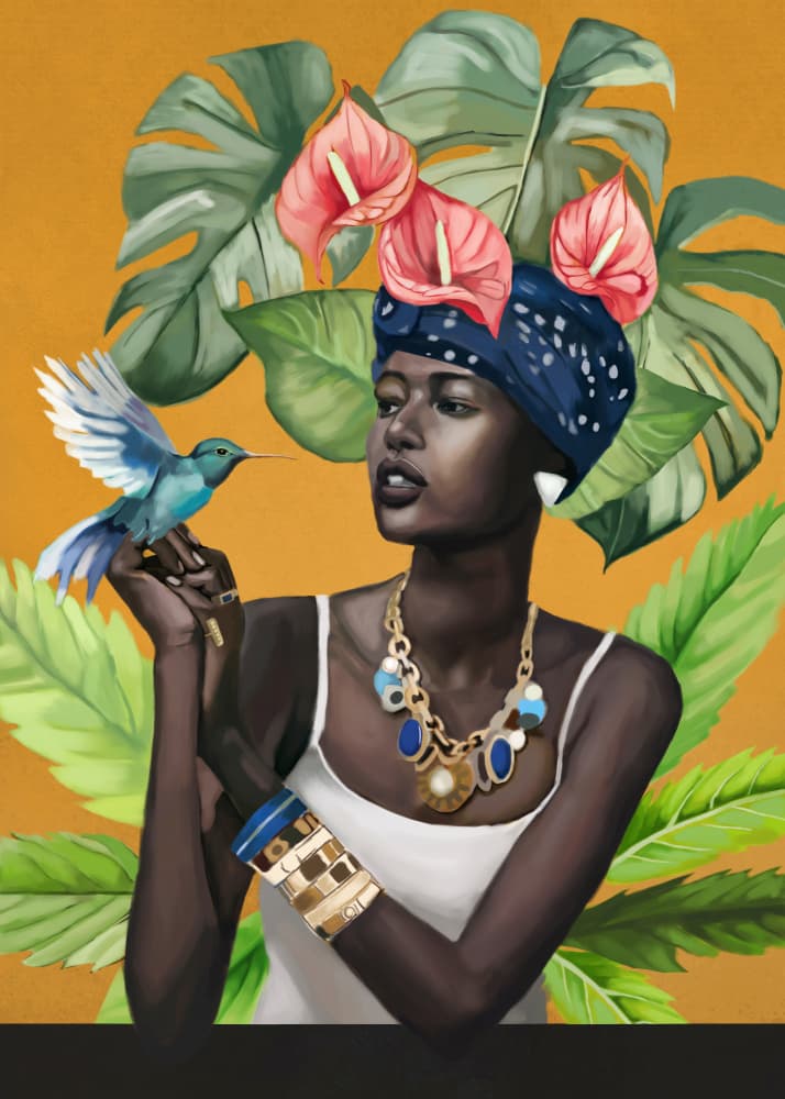 Tropical Woman and Hummingbird by Nadjaa — canvas wall art