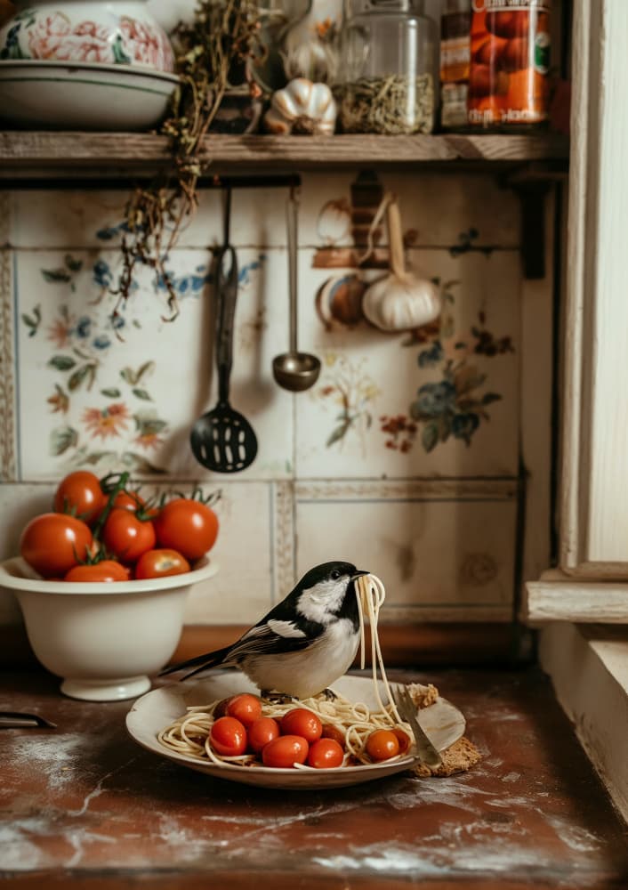 Bird's Spaghetti Dinner by Niky Rahner — canvas wall art