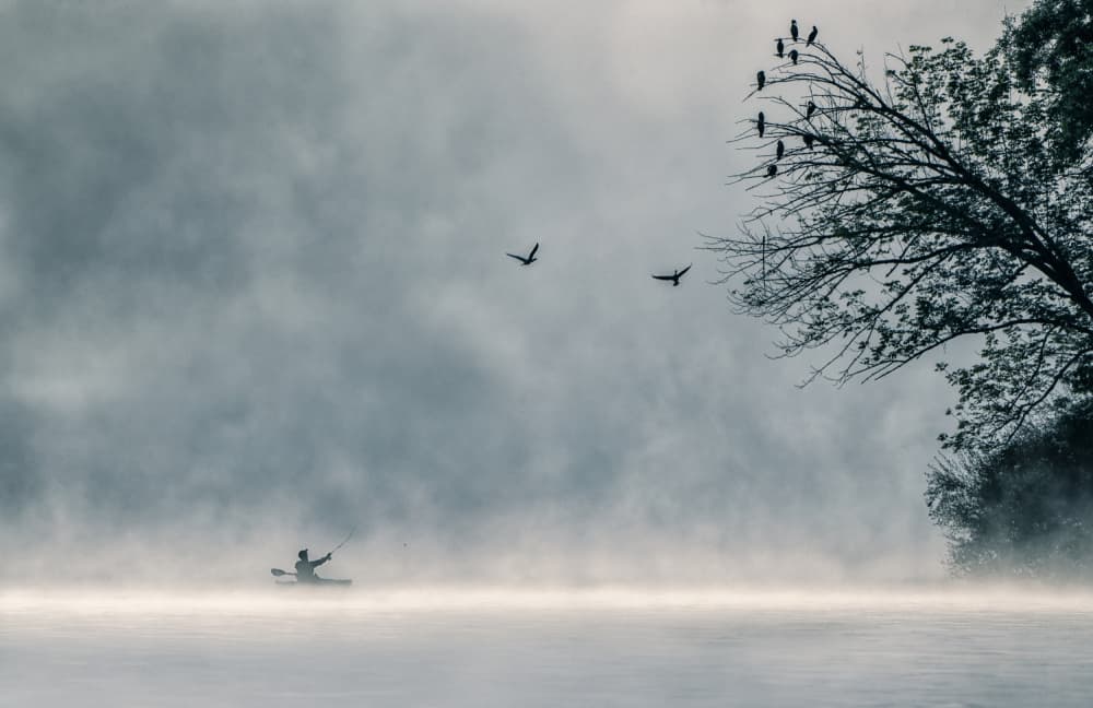 Misty Lake Kayaker by Hannah & Wei — canvas wall art
