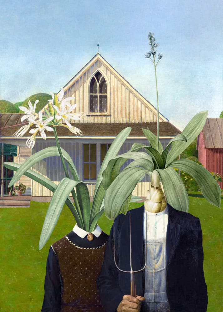 Surreal Farmhouse Couple by Marja van den Hurk — canvas wall art