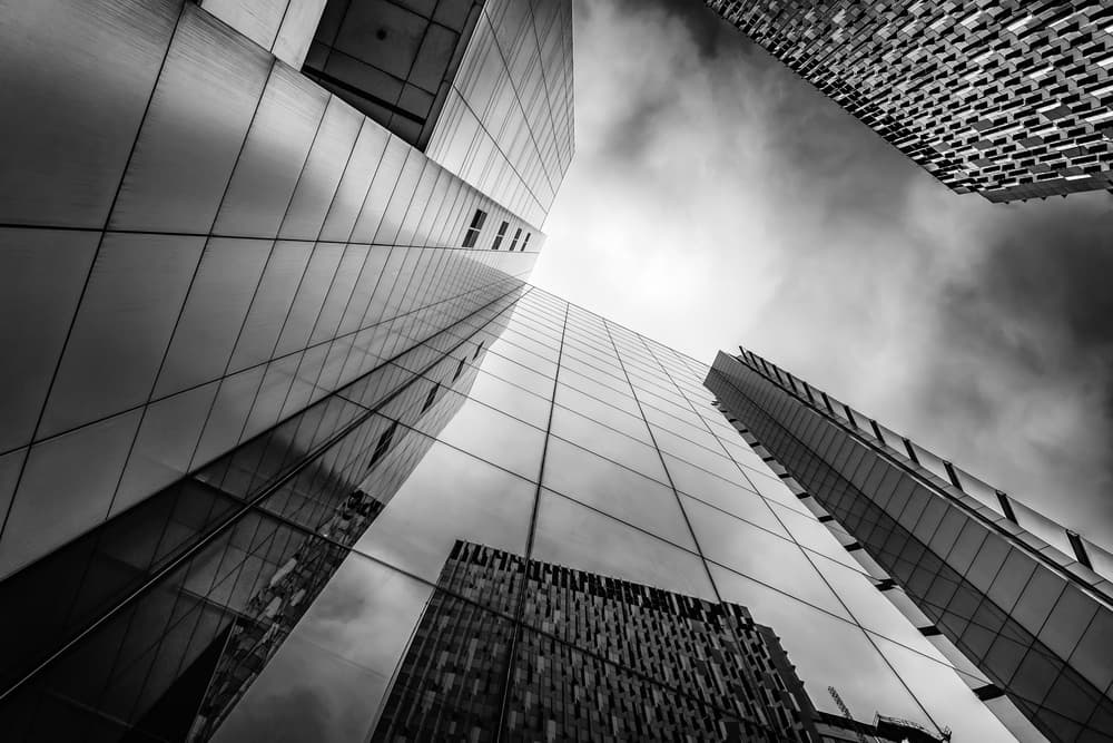 Modern City Upward View by Luc Vangindertael (laGrange) — canvas wall art