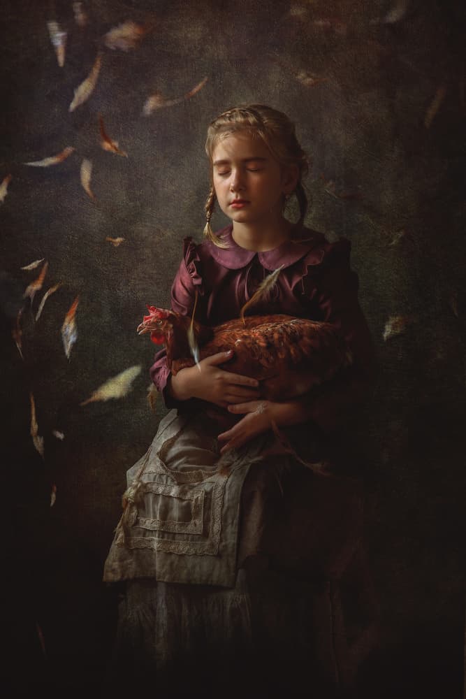 Dreaming Girl Holding Hen by Sebastian Kisworo — canvas wall art