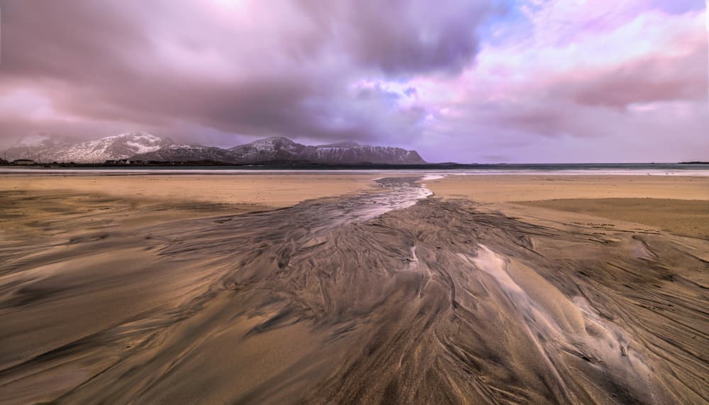 Purple Sky Mountain Beach by Jie Jin — canvas wall art
