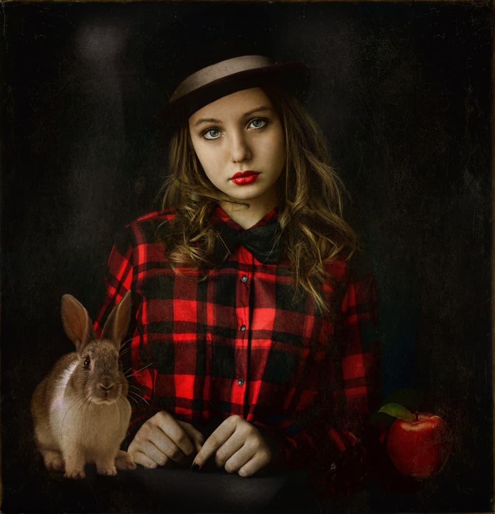 Plaid Girl with Rabbit by Svetlana Melik-Nubarova — canvas wall art