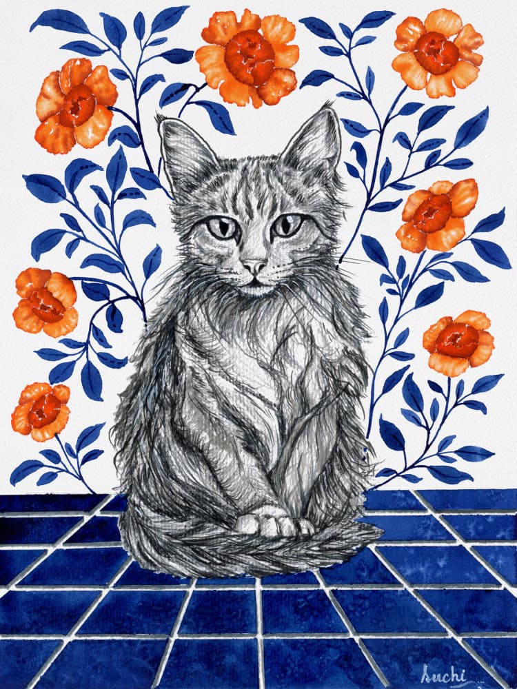 Whimsical Cat Blue Tiles by Suchi Deb — canvas wall art