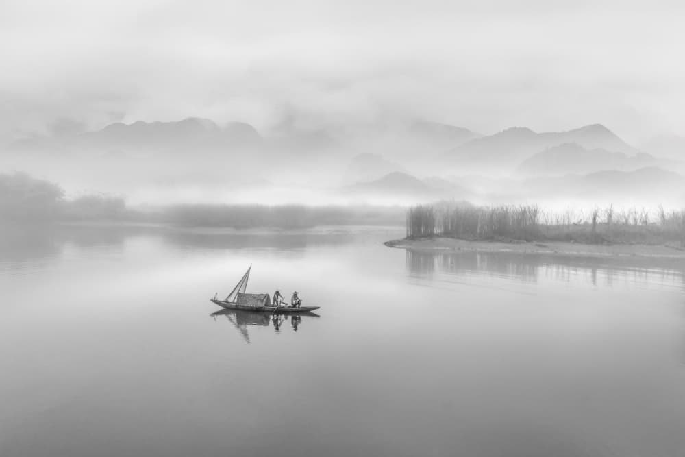 Misty Mountain Boat by Irene Wu — canvas wall art