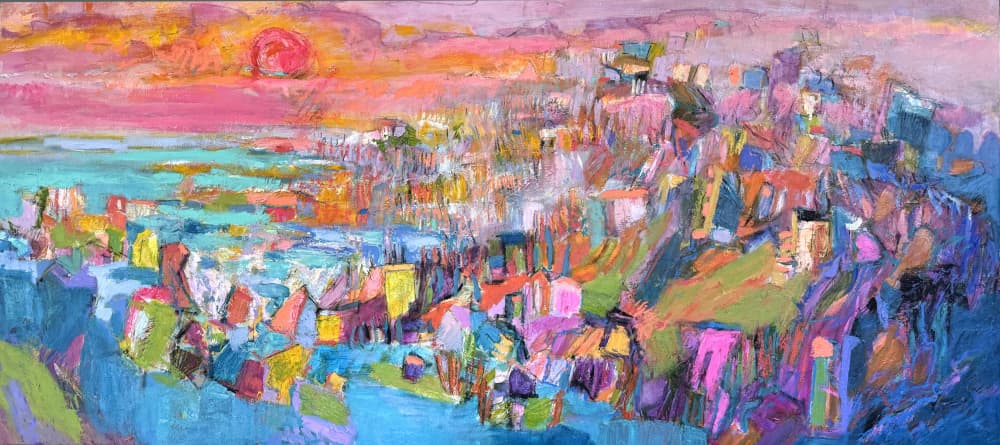 Vibrant Coastal Town Sunset by Dorothy Fagan — canvas wall art