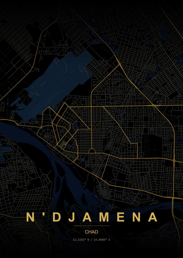 Golden N'Djamena City Map by HUGO — canvas wall art