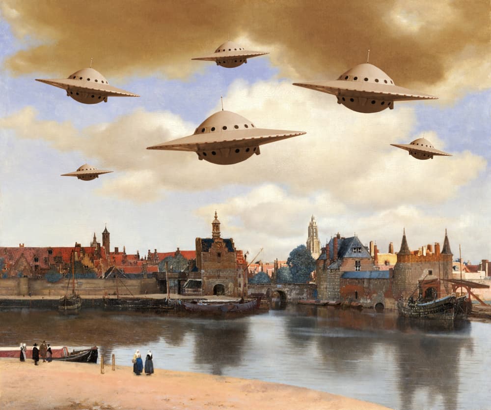 UFOs Over Historic City by Marja van den Hurk — canvas wall art