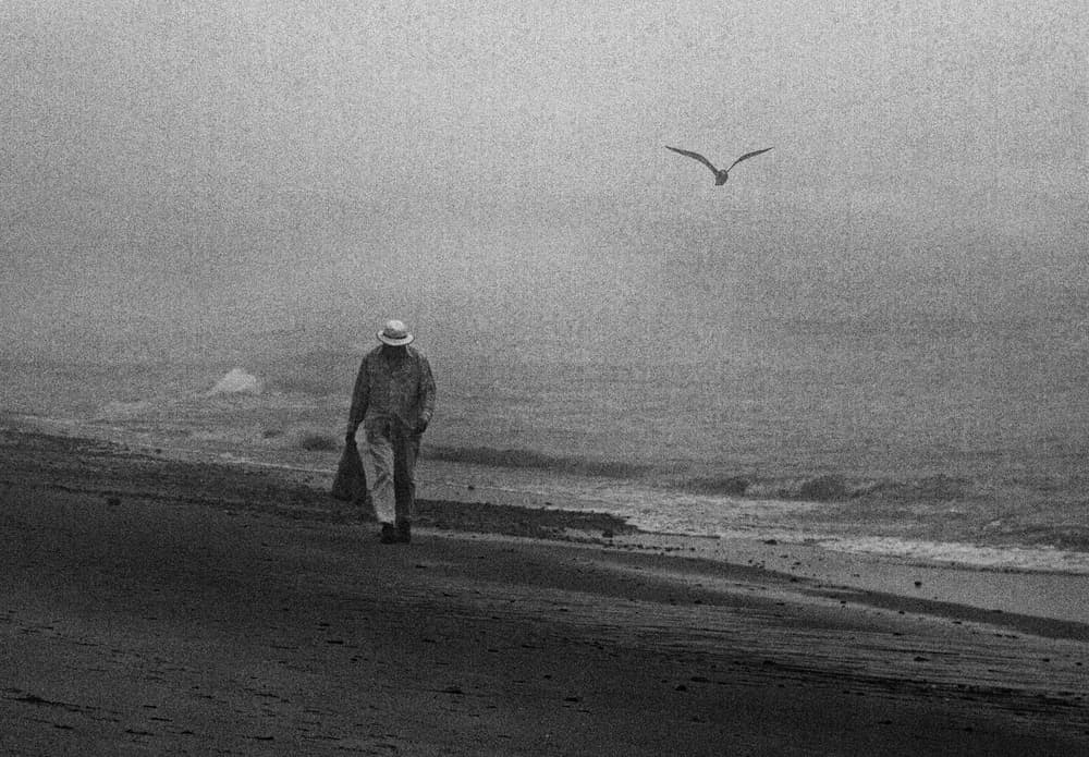 Misty Beach Lone Walker by Roxana Labagnara — canvas wall art