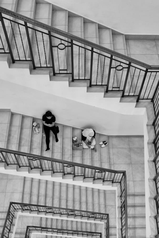 Monochrome Staircase View by Kieron Long — canvas wall art