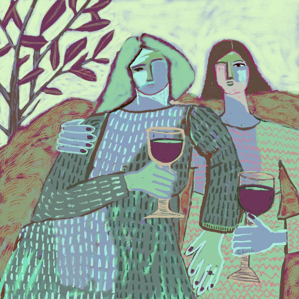 Women Sharing Wine by Sharyn Bursic — canvas wall art