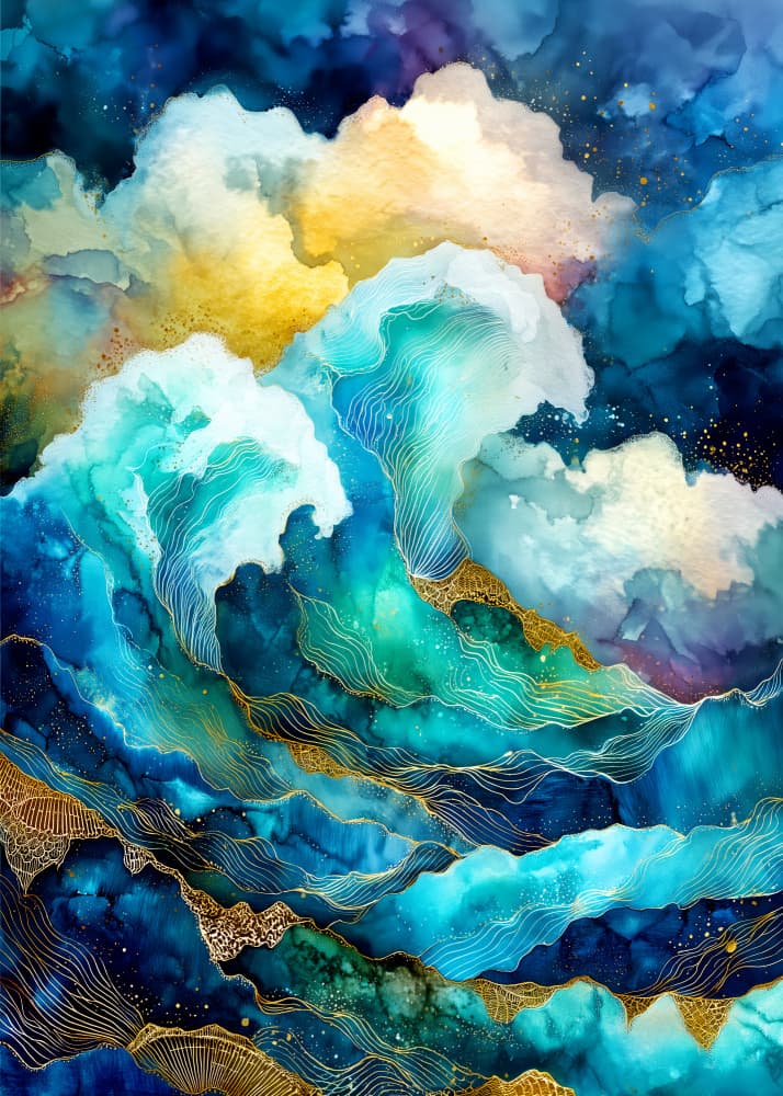 Abstract Blue Gold Waves by Justyna Jaszke — canvas wall art