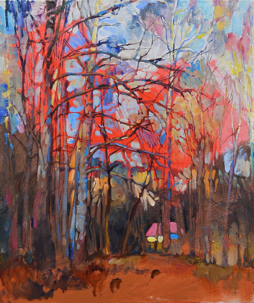 Red Forest Cabin Path by Andrii Kutsachenko — canvas wall art