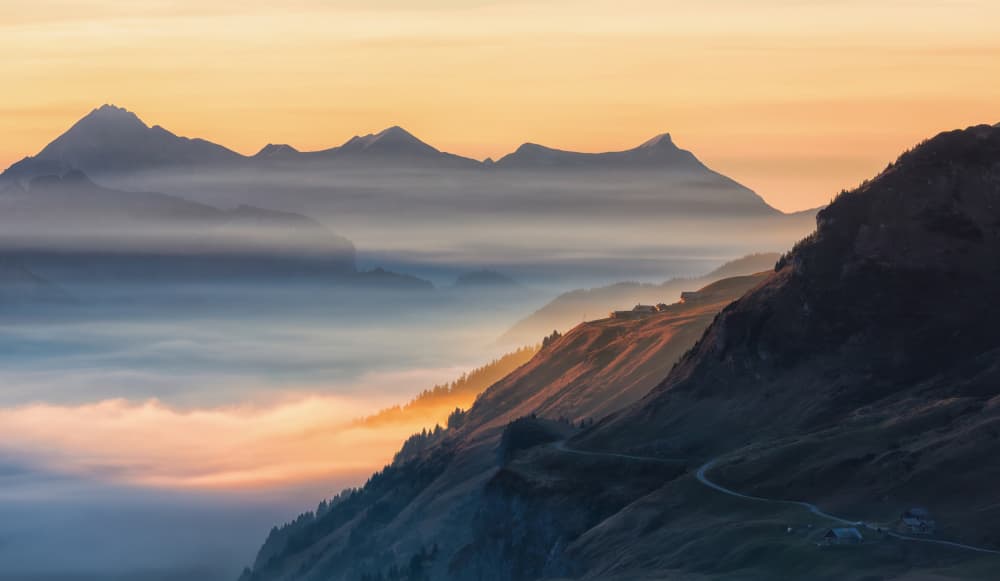 Misty Mountain Sunrise by Uschi Hermann — canvas wall art