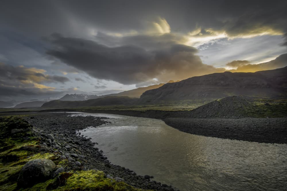 Golden Light Mountain River by Fred Louwen — canvas wall art
