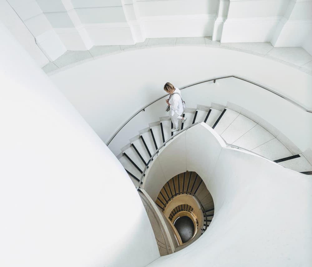 Modern White Spiral Staircase by Elizabeth Allen — canvas wall art