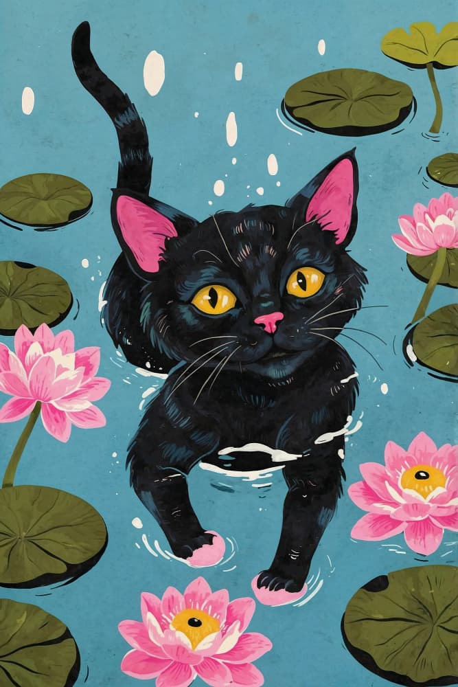 Black Cat Water Lilies by The Art Concept — canvas wall art