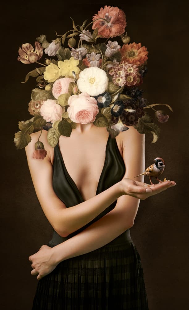 Elegant Floral Woman Goldfinch by Marja van den Hurk — canvas wall art