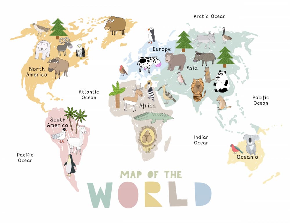 Cute Animal World Map by Carla Daly — canvas wall art