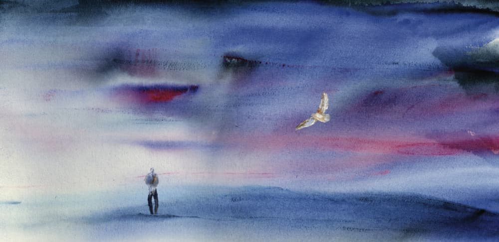 Solitary Figure Owl Flight by RodMacIver — canvas wall art