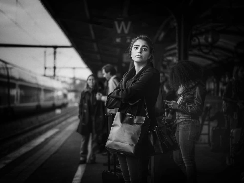 Observant Woman on Platform by Eiji Yamamoto — canvas wall art