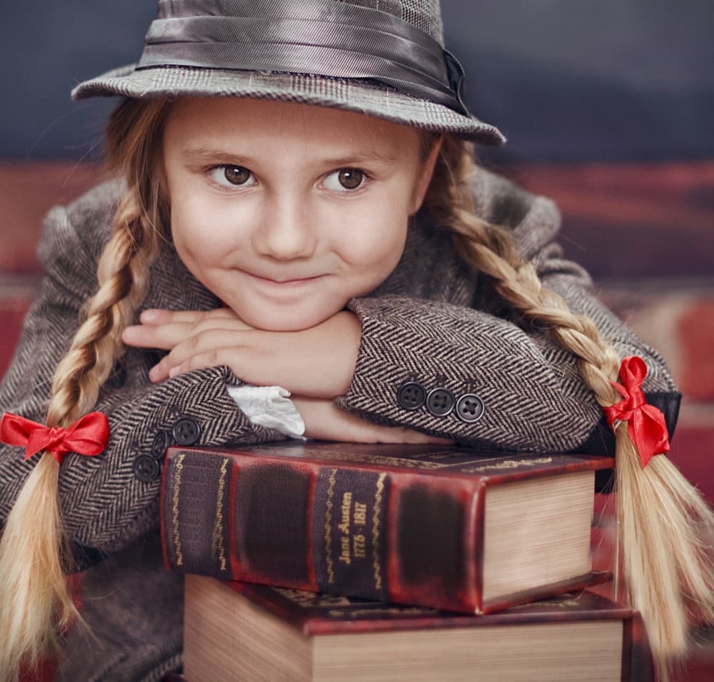 Thoughtful Girl and Books by Elena Karagyozova — canvas wall art