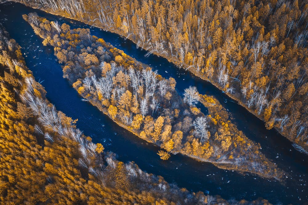 Winding Autumn River Landscape by TIANQI — canvas wall art