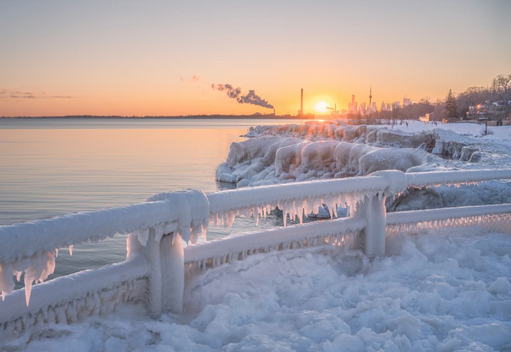 Frozen Lake Shore Sunrise by Emma Zhao — canvas wall art