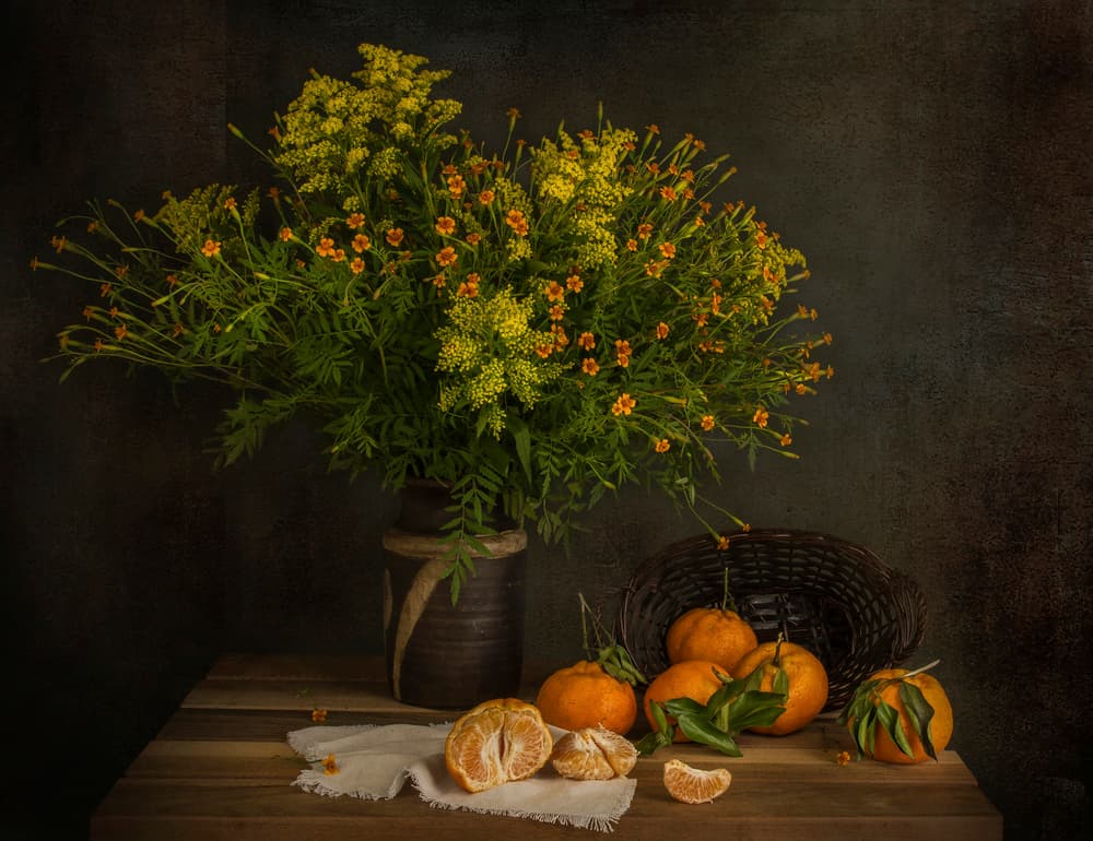 Tangerines and Fall Flowers by Margareth Perfoncio — canvas wall art