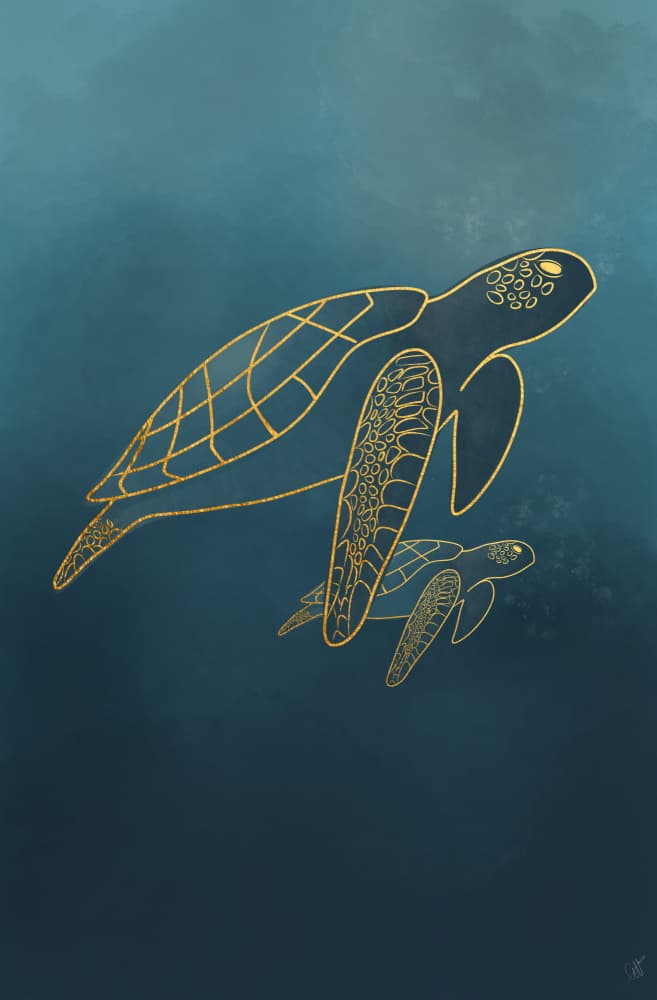 Golden Ocean Turtles by Anne-Marie Volfova — canvas wall art