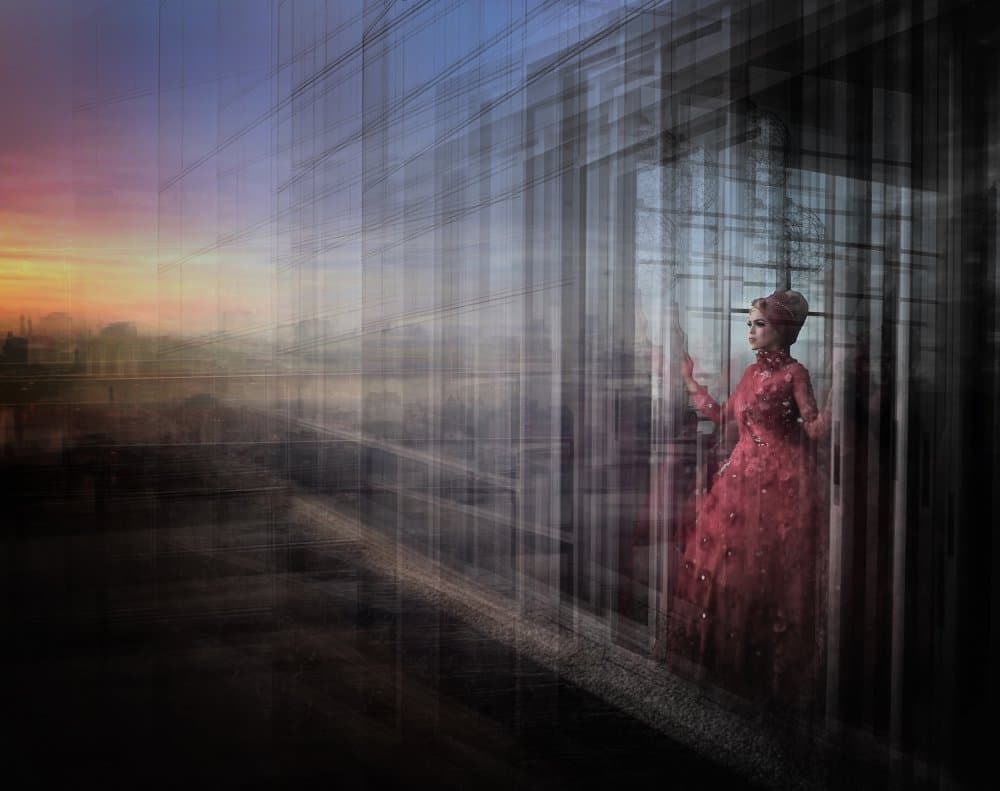 Red Dress City View by Kahar Lagaa — canvas wall art