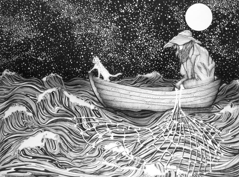 Fisherman Cat Starry Night by EC Mazur — canvas wall art