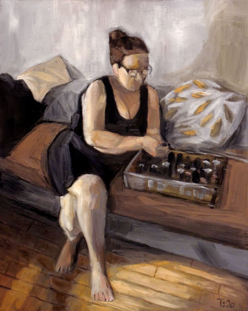 Woman Arranging Bottles by Tore Bahnson — canvas wall art